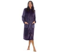 Slumber Hut® Peignoir en molleton entièrement zippé pour femmes, gris, longueur longue - Coupe en flanelle, col style mandarin - Effet vague en relief - Taille 8 10 12 14 16 18 20 22, 38-40