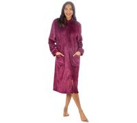 Slumber Hut® Peignoir en molleton entièrement zippé pour femmes, gris, longueur longue - Coupe en flanelle, col style mandarin - Effet vague en relief - Taille 8 10 12 14 16 18 20 22, 46-48
