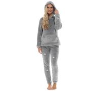 Slumber Hut® Pyjama en polaire pour femme Motif étoile - Pyjama de luxe à capuche Sherpa ou col rond - Pyjama d'hiver chaud pour femme - Tailles 36 à 50, Étoiles filantes (capuche), 44-46