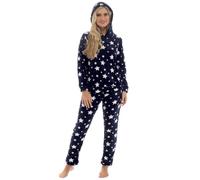 Slumber Hut® Pyjama en polaire pour femme Motif étoile - Pyjama de luxe à capuche Sherpa ou col rond - Pyjama d'hiver chaud pour femme - Tailles 36 à 50, Imprimé étoiles (capuche) - Bleu marine, 36-38
