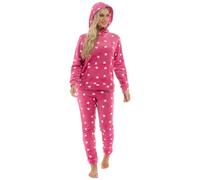 Slumber Hut® Pyjama en polaire pour femme Motif étoile - Pyjama de luxe à capuche Sherpa ou col rond - Pyjama d'hiver chaud pour femme - Tailles 36 à 50, Imprimé cœur (capuche) - Rose, 36-38