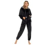 Slumber Hut® Pyjama en polaire pour femme Motif étoile - Pyjama de luxe à capuche Sherpa ou col rond - Pyjama d'hiver chaud pour femme - Tailles 36 à 50, Étoile en relief - Noir, 48-50