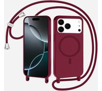 SLWYF Coque Compatible avec Apple 17 Pro avec Cordon, Compatible avec MagSafe, Collier pour Étui Colliers de cellulaire Mince Antichoc Réglable Lanyard Case PU Bumper Case, Rouge