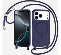 SLWYF Coque Compatible avec Apple 17 Pro Max avec Cordon, Compatible avec MagSafe, Collier pour Étui Colliers de cellulaire Mince Antichoc Réglable Lanyard Case PU Bumper Case, Bleu Marine