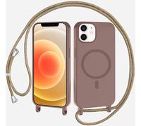 SLWYF Coque Compatible avec iPhone 11 avec Cordon, Compatible avec MagSafe, Collier pour Étui Colliers de cellulaire Mince Antichoc Réglable Lanyard Case PU Bumper Case, Brun
