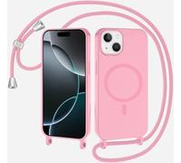 SLWYF Coque Compatible avec iPhone 14 avec Cordon, Compatible avec MagSafe, Collier pour Étui Colliers de cellulaire Mince Antichoc Réglable Lanyard Case PU Bumper Case, Rose