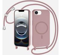 SLWYF Coque Compatible avec iPhone 16E/iPhone SE4 2025 avec Cordon, Compatible avec MagSafe, Collier pour Étui Colliers de cellulaire Mince Antichoc Réglable Lanyard Case PU Bumper Case, Sable Rose