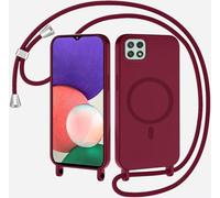 SLWYF Coque Compatible avec Samsung Galaxy A22 5G avec Cordon, Compatible avec MagSafe, Collier pour Étui Colliers de cellulaire Mince Antichoc Réglable Lanyard Case PU Bumper Case, Rouge