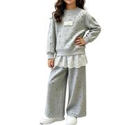 Slxbear Haut à col rond en dentelle pour filles - Pantalon taille élastique | Pull, manches longues, coupe ample, imprimé, jambe droite large, léger, tendance, respirant, confortable, voyage, w nd
