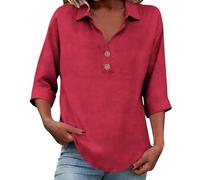 Slxbear Haut en lin pour femme avec manches 3/4 enroulables - Coupe ample - Col en V - Chemise décontractée d'été boutonnée - Haut léger - Taille S à 3XL, #02 Rouge, XL