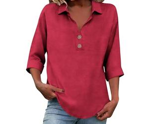 Slxbear Haut en lin pour femme avec manches 3/4 enroulables - Coupe ample - Col en V - Chemise décontractée d'été boutonnée - Haut léger - Taille S à 3XL, #02 Rouge, XL