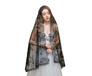 SLXLYH Voile de cérémonie religieuse Mantilla Catholique Broderie Dentelle Voile pour prière religieuse (Noir)