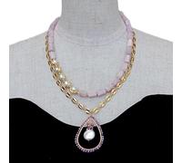 SLXWSXZE 2 Strands Cultured White Pearl Kunzite Necklace 35x55mm Crystal Coin Pearl Pendant Women Jewelry