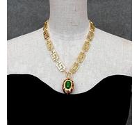 SLXWSXZE 25x35mm Green Jasper Red Crystal Oval Shape Pendant 21x15mm Gold Plated Chain Necklace
