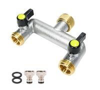 Slymwick Répartiteur d’Eau pour Robinet 2 Voies, Distributeur 3/4 Pouce en Alliage de Zinc avec Poignées Allongées et Robinets d’Arrêt Individuels, Adaptateurs 1/2 Pouce pour Tuyaux d’Arrosage