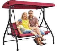 SM® - Balancelle hollywoodienne avec baldaquin réglable, coussin amovible - Chaise à bascule de terrasse en acier allié - 3 places, rouge bourgogne - Pour balcon, arrière-cour, bord de piscine