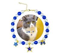 SM4BED Collier de perles pour chien et chat, perles blanches et bleues avec pendentif étoile brillante en diamant et nœud en fleur, bijou réglable pour chiot de petite et moyenne taille, taille M, 28