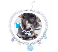 SM4BED Collier de perles pour chien et chat, perles blanches et roses avec joli pendentif fleur bleue et adorable cœur arc-en-ciel, bijou réglable pour chiot de taille moyenne et grande, L 35,6 cm