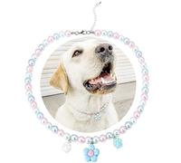 SM4BED Collier de perles pour chien - Perles blanches et roses avec joli pendentif en forme de fleur bleue et griffes adorables - Bijoux réglables pour grands chiens - Taille XXL - 52 cm