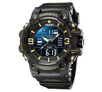 SMAEL Montre numérique d'extérieur à LED pour homme - Chronomètre militaire multifonction - Double affichage - Étanche - Pour homme, doré