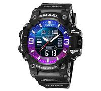 SMAEL Montre numérique d'extérieur à LED pour homme - Chronomètre militaire multifonction - Double affichage - Étanche - Pour homme, violet/bleu