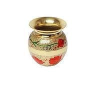 Small Brass Kalash with Minakari Work Lota Pot Utensils Drinkware for Pooja Puja Indian Traditional Festival New year Decorations Temple Home Office Pure Copper Vessel Lota(Size-3"x3"x3.5")(Golden)