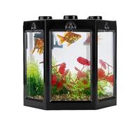 Small Fish Tank, 12x10.5x11cm/4.7x4.1x4.3in Hex Shape Mini Betta Aquarium Starter Kit Superimposable Portable Desktop Fish Bowl for Room Office Decor (Noire)