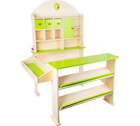 small foot 10587 Stand de marchande en bois "Jour de marché" avec étagères, tiroirs et comptoirs pour les marchandises de la boutique marchande, à partir de 3 ans, Verte