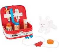 small foot 10864 Valise de vétérinaire en bois , avec accessoires (seringue, thermomètre, etc.) et lapin en peluche, à partir de 3 ans, Bleu