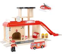 small foot 10900 Caserne de pompiers en bois naturel certifié 100% FSC®, jeu de rôle avec accessoires,à partir de 3 ans