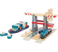 Small Foot 11378 Terminal à conteneurs en Bois, avec portique de manutention Mobile et Accessoires, à partir de 3 Ans