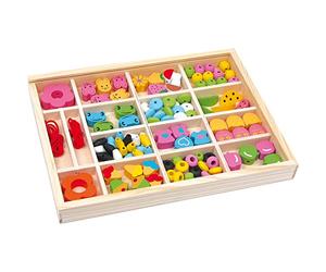Small Foot 2463 Boîte à enfiler "Julia" en bois, jeu de fils avec perles en bois colorées, bijoux, bracelets.