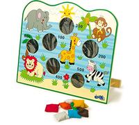 Small Foot Design – Stand de lancer «Afrique» bois, 6 trous, sacs colorés, motifs animaux, dès 3 ans