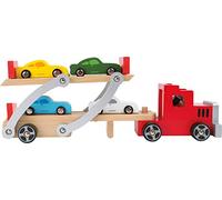 Small Foot Camion transport de voitures en bois avec rampe, jouet pour enfants avec remorque amovible et 4 voitures de couleur, à partir de 3 ans