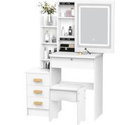 Small Makeup Vanity Desk with Sliding Illuminated Mirror, Girl Bedroom Vanity Table with Adjustable 3 Color LED Lights, 6 Drawers, Chair, Open/Hidden Shelves, White Makeup Table for Bedroom (White2)