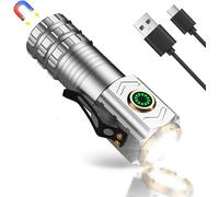 Small Rechargeable Torch, Ultra Powerful Led Torch, 2000 Lumens, Mini Magnetic Flashlight With Clip, Waterproof, 5 Modes, Lighting For Camping Emergency Hiking, Silver