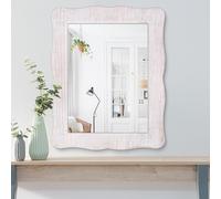 Small Rectangle Wooden Wall Mirror With White Frame For Wall Irregular Wave Rustic Hanging Mirror For Bathroom Bedroom Entryway Vintage Decorative Mirrors