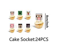 (Small socket strip-24pcs) My World Party Supplies Set Pixel War Children's Birthday Game Decoration Disposable Paper Plate Set