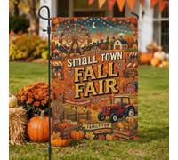 Small Town Fall Fair Harvest Theme Grande roue Drapeau de jardin 30,5 x | Illustration de grande roue, drapeau de pelouse, tracteur rouge, citrouilles de récolte, grange rustique