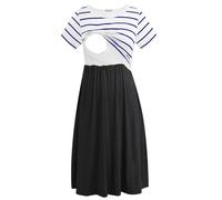 Smallshow Robe d'allaitement à Manches Courtes Robe de Maternité Décontractée pour Femmes pour Allaitement White Stripe/Deep Grey Medium