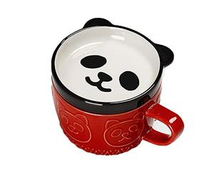 Smallterm Tasse à Café Japonaise Mignonne en Céramique Panda avec Couvercle à Couple de Lait - Tasse à Déjeuner (Rouge)