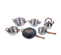 Smandy Batterie de Cuisine en Acier Inoxydable avec Poignées en Grain de Bois, 11 Pièces Indispensables pour la Cuisine, Casseroles et Poêles Faciles à Nettoyer pour la Quotidienne