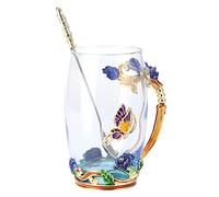 Smandy Ensemble de Tasses à café en Verre émaillé avec Cuillère, Design Floral Unique, Boissons Chaudes et Froides, Cadeau pour Maman, Maison, Bureau (Rose Bleue 350ML)