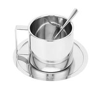 Smandy Tasse à café en Acier Inoxydable, Isolée à Double Paroi, Tasse à café Thermique élégante avec Soucoupe et Cuillère pour la Maison et le Bureau (280ML)