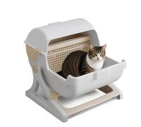 Smart Cat Litter Box, Semi-Automatic Litter Cleaner, Odorless Deodorizer System, Open-Top Space-Saving Design, Intelligent Waste Disposal for Apartment, Travel, Furniture, Corner Use, Beige Gray