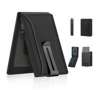 SMART CC Portefeuille pour homme : portefeuille pop-up en cuir véritable, 2 volets, capacité de 13 cartes, fenêtre pour carte d'identité, sangle pour argent, cadeau pour homme (cuir noir)