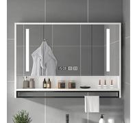 Smart LED Armoire de salle de bain avec miroir de maquillage anti-buée, meuble mural avec affichage de l'heure et de la température, porte-serviettes, blanc (100,1 x 11,9 x 74,9 cm)