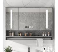 Smart LED Armoire de salle de bain avec miroir de maquillage anti-buée, rangement mural, affichage météo et température, porte-serviettes, gris, 90 x 12 x 75 cm
