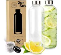 Smart-Planet Lot de 2 gourdes en verre de qualité supérieure - Bouteille en verre borosilicate - Bouteille en verre de 1 l avec couvercle en métal aspect acier inoxydable - Avec boule de nettoyage