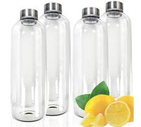 Smart-Planet Lot de 4 gourdes en verre de qualité supérieure - Bouteille en verre borosilicate - 1 l - Avec couvercle en métal aspect acier inoxydable - Pour le sport